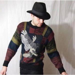 VINTAGE Ugly Grandpa Dad Cosby Graphic Acrylic Sweater with Leather Eagle Patch